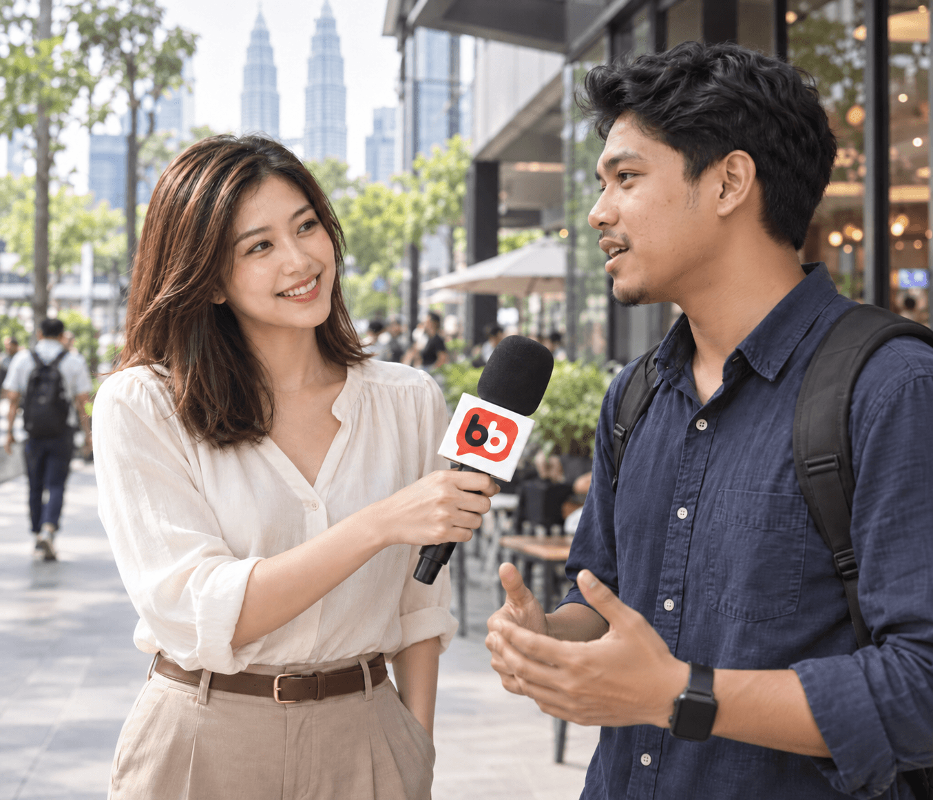 Interview scene with a BetulBetul-branded microphone in Kuala Lumpur